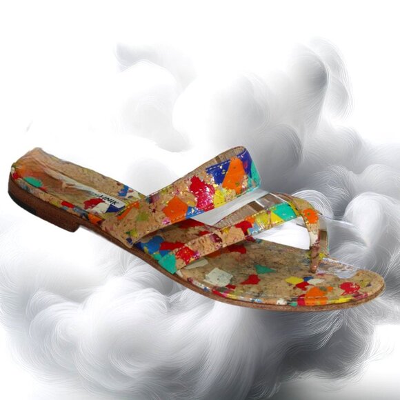 Manolo Blahnik Susa Spatter Paint Cork Flat Sandal Size 6.5 - Picture 4 of 10